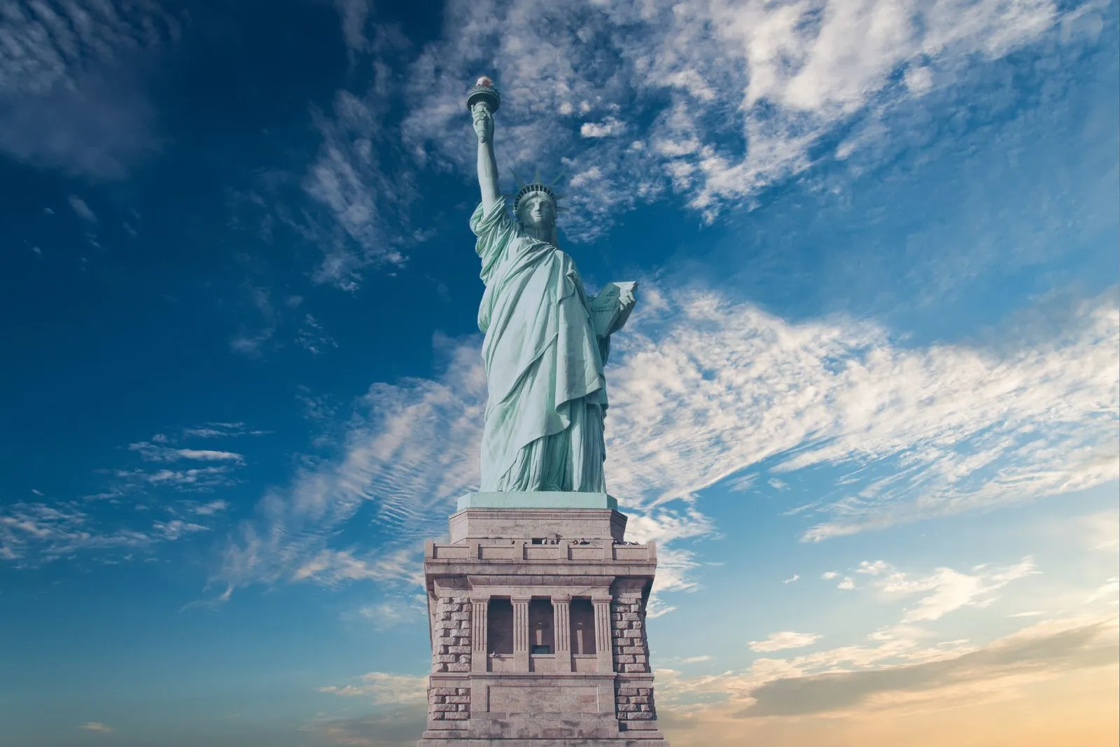 The Statue of Liberty photographed against a blue sky