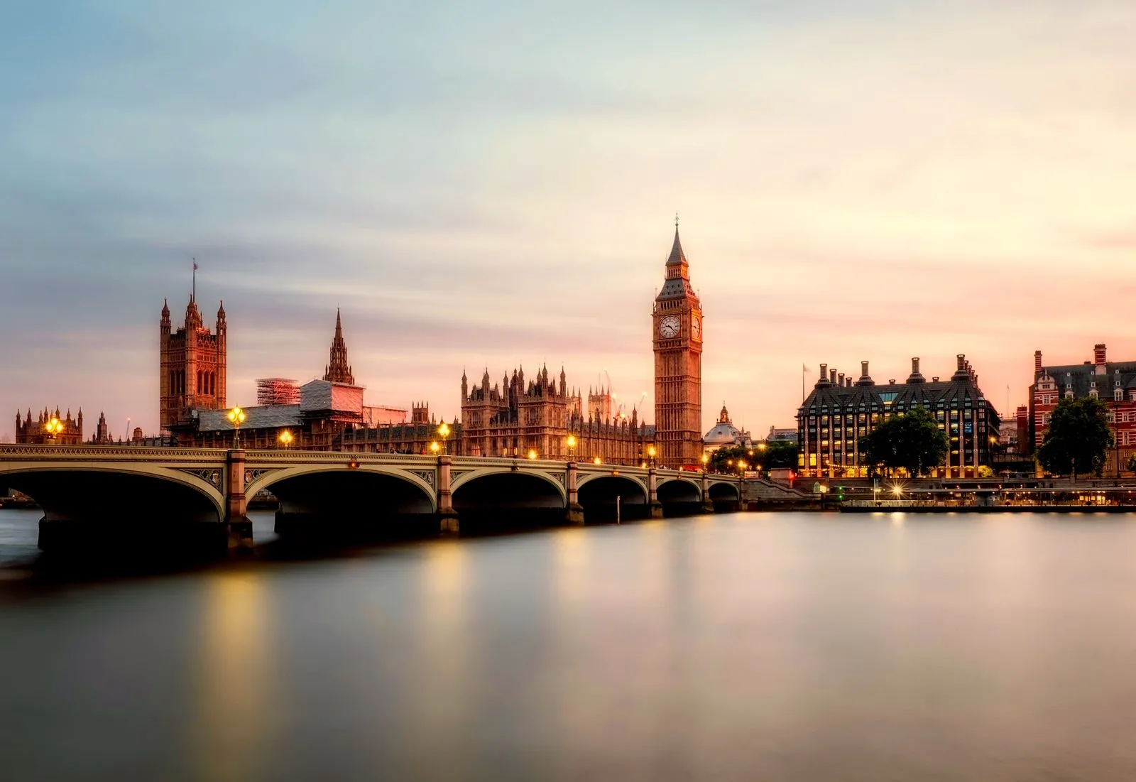 The London skyline and Westminster Bridge at sunset