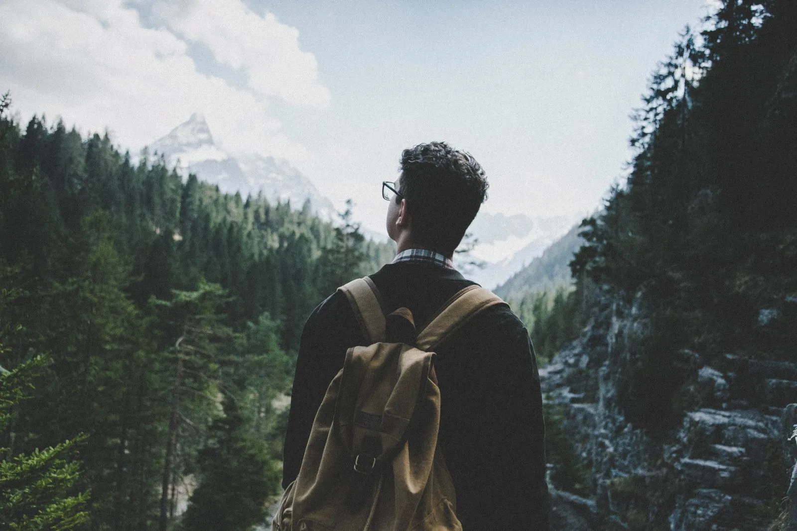 A hiker with a backpack looking out over a forested mountain valley